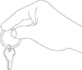 Black and white vector sketch of a woman's hand holding a key, forming a simple outline illustration and symbol of love