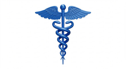 Metallic Caduceus medical symbol with two snakes and wings on a dark blue textured background illustration