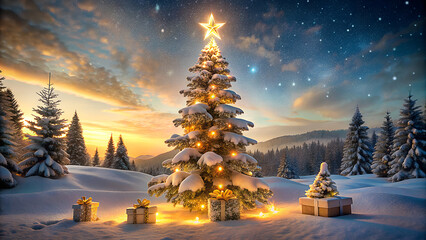 Magical snowy christmas tree under a starry night sky