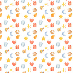 A playful seamless pattern featuring hearts, stars, moons, paw prints, leaves, gifts, notebooks, sparkles, and art palettes in warm pastel tones on a white background.