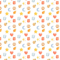 A playful seamless pattern featuring hearts, stars, moons, paw prints, leaves, gifts, notebooks, sparkles, and art palettes in warm pastel tones on a white background.