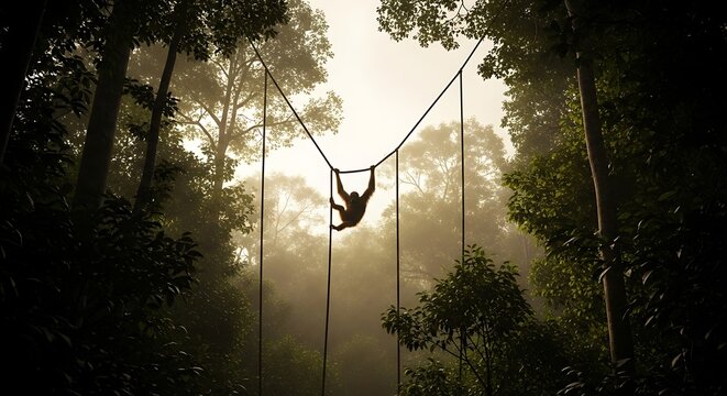 Fototapeta Orangutan crossing a rope bridge in a lush, misty rainforest canopy.
