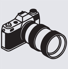 DSLR camera silhouette vector art illustration, digital SLR camera with lens