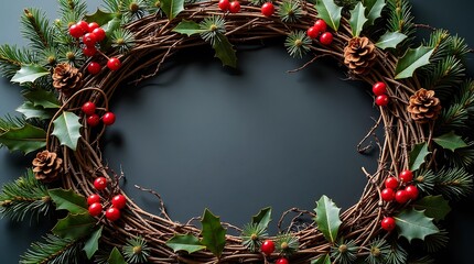 Christmas Twig Wreath Art Print – Pinecone Holly Berry Wall Decor