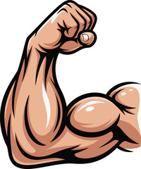 Flexed muscular arm illustration, strong bicep cartoon design, bodybuilding fitness art, gym workout symbol, powerful strength icon, athletic training motivation drawing