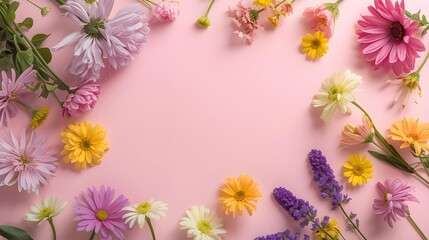 Creative arrangement of colorful flowers on pink background. Spring nature flat lay.