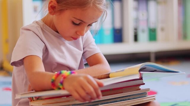 Young girl with colorful bracelet is deeply engaged in reading a stack of books, showcasing concentration and curiosity in a vibrant learning environment filled with educational materials