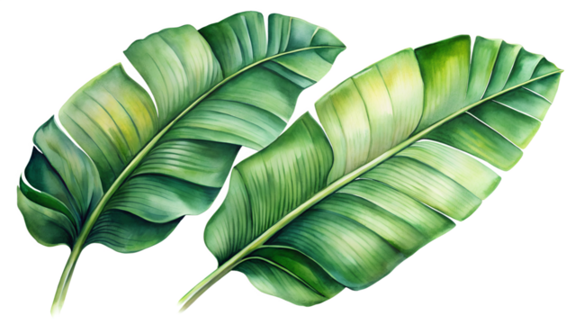 Two vibrant green banana leaves with detailed veins, artistically rendered in watercolor, isolated on a transparent background