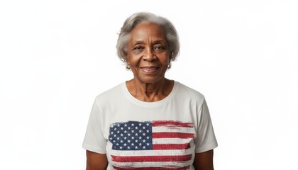 Elderly woman in a patriotic T-shirt
