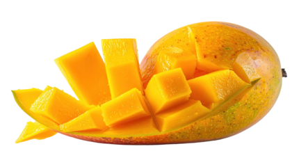 Ripe mango fruit meticulously arranged with diced sections, showcasing vibrant orange hues and textures against a deep black background, offering a visually appealing presentation, perfect for...