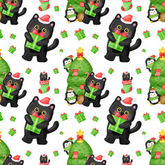 A black cat is holding a green present