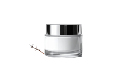 A sleek, modern cosmetic cream jar featuring a minimalist design is set against a stark, black background, offering a clean and sophisticated visual.