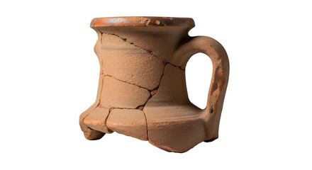Ancient broken clay jug with handle isolated on transparent background, a relic of the past, offering a glimpse into history and archaeological discovery