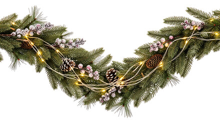 Christmas garland with lights pine cones and berries for holiday decor festive winter season decoration transparent background