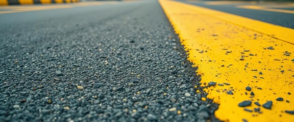 Close-up view of faded yellow lines on asphalt street, city street, paint