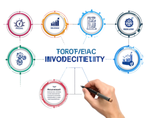 A graphic illustration showcasing interconnected circular icons representing diverse business and financial concepts with colorful accents, complemented by a hand drawing and an abstract, modern...