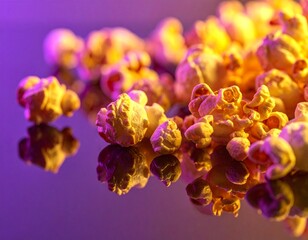 Close-up of popcorn kernels on a reflective surface with purple and yellow lighting.