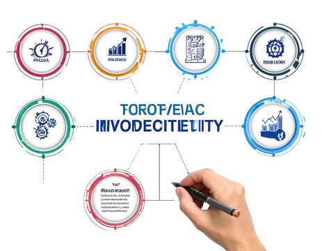 A graphic illustration showcasing interconnected circular icons representing diverse business and financial concepts with colorful accents, complemented by a hand drawing and an abstract, modern... - Powered by Adobe