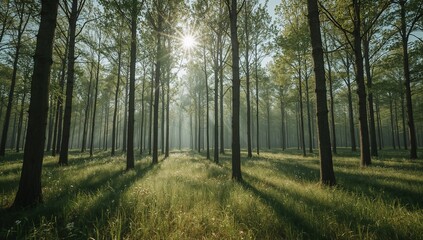 Naklejka premium Sunlight streams through a lush, green forest canopy, illuminating a peaceful meadow with dappled shadows and vibrant flora