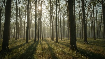 Fototapeta premium Sunlight streams through a serene forest canopy, illuminating dappled shadows on a lush, green meadow floor with wildflowers.