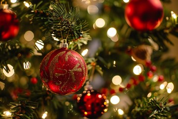 Festive close-up of a decorated Christmas tree adorned with twinkling lights and ornaments