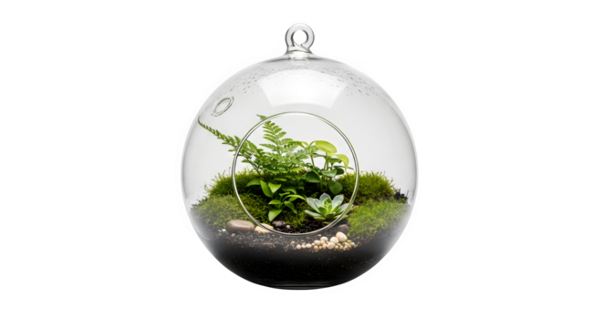 Isolated on transparent background, a captivating glass terrarium with lush green plants, creating a miniature ecosystem that brings natures beauty indoors