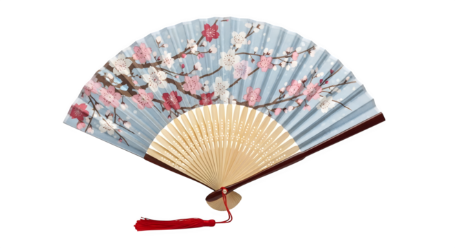 Isolated on transparent background, an exquisite hand fan adorned with delicate floral patterns, blending traditional artistry with a touch of elegance