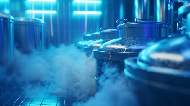 Futuristic industrial interior with cryogenic tanks and vapor in a blue neon atmosphere