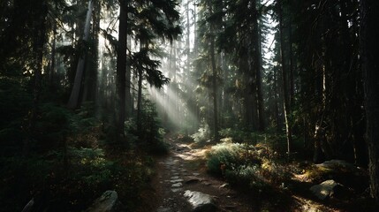 Obraz premium Sunlit Pathway Amidst Towering Trees in a Mystical and Serene Forest Scene