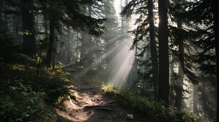 Obraz premium Mystical forest path with sunbeams piercing through the trees creating dramatic light