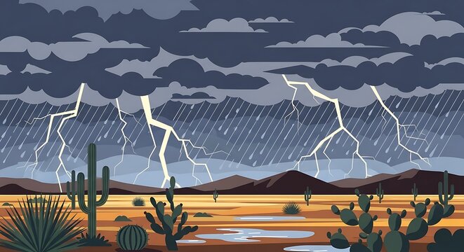 Desert Storm Lightning and Rain Over Cacti Landscape.