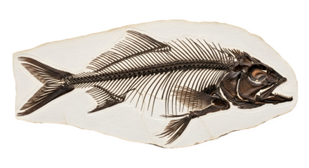 Fossil of a fish skeleton isolated on transparent background, a preserved ancient life form providing insight into prehistoric marine ecosystem and evolution