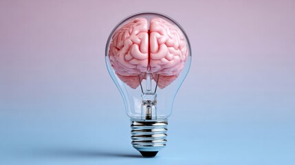 Light bulb with a brain inside, symbolizing creativity and innovation, set against a soft gradient background of pink and blue, representing the fusion of ideas and intelligence in a conceptual design