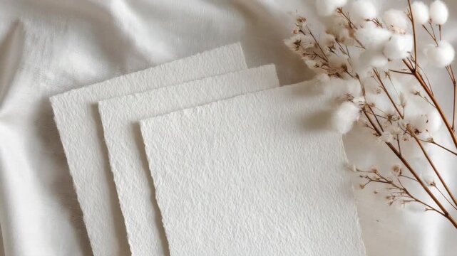 White handmade paper sheets stacked on soft fabric with delicate cotton flowers, natural and minimalistic stationery concept