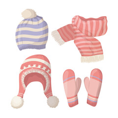 Cute pink hat, striped scarf, mittens. Knitted warm winter clothes. Autumn accessories. Vector illustration isolated on white.