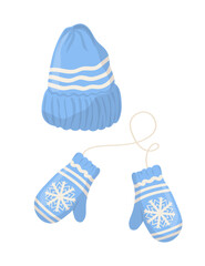 Set of cute beanie and mittens. Cute cartoon vector illustration isolated on white. Winter knitted cap.