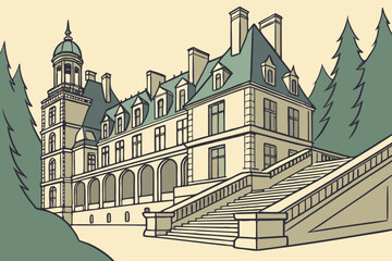 Fototapeta premium Fontainebleau Palace in France, Renaissance palace with sweeping staircases and forested surroundings