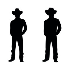 Two silhouette cowboy figures standing side by side against a white background