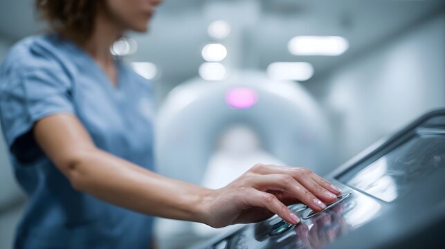 Medical technician operates sophisticated diagnostic imaging control panel in a modern healthcare facility