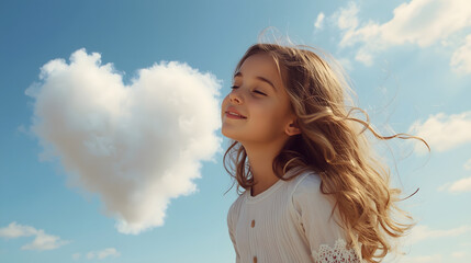 A lovely young girl with delicate facial features, warm golden skin, and long curly brown hair stands beside a soft, white, heart-shaped cloud, her eyes gently closed, and a serene smile on her face