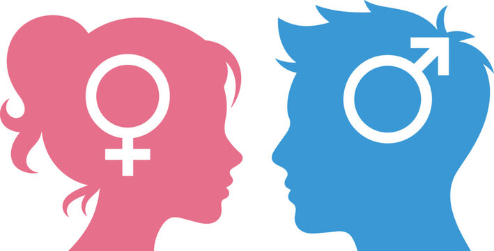 Male and female silhouette illustration, gender identity concept, relationship equality, human profile design, psychology symbols, communication balance, sex difference, partnership icons