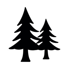 Two stylized black silhouette pine trees standing side by side against a white background