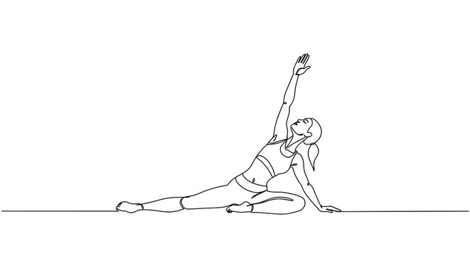 Woman practicing yoga pose reaching arm upward in minimal line art  
