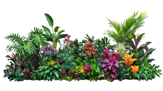 A vibrant arrangement of various tropical plants featuring lush greenery on transparent background.

