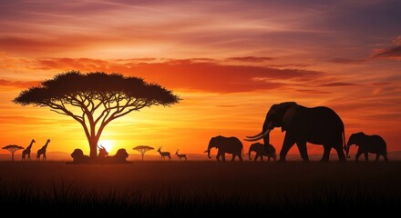 Fototapeta premium Vivid orange sunset illuminates a vibrant African savanna landscape, showcasing diverse wildlife silhouettes, including elephants, giraffes, and gazelles near a majestic tree, creating a serene...