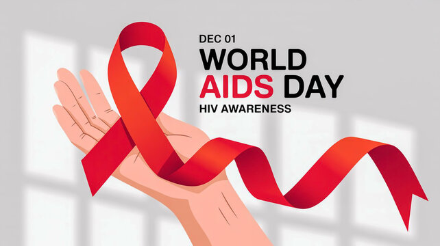 World aids day red ribbon awareness symbol held by hand supportive message campaign