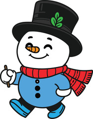 A colorful illustration of a walking adorable snowman wearing a black hat and scarf isolated on a white background