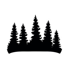 Obraz premium Silhouette of a dense forest of tall evergreen pine trees against a white background
