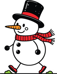 A colorful illustration of a walking adorable snowman wearing a black hat and scarf isolated on a white background