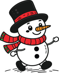 A colorful illustration of a walking adorable snowman wearing a black hat and scarf isolated on a white background